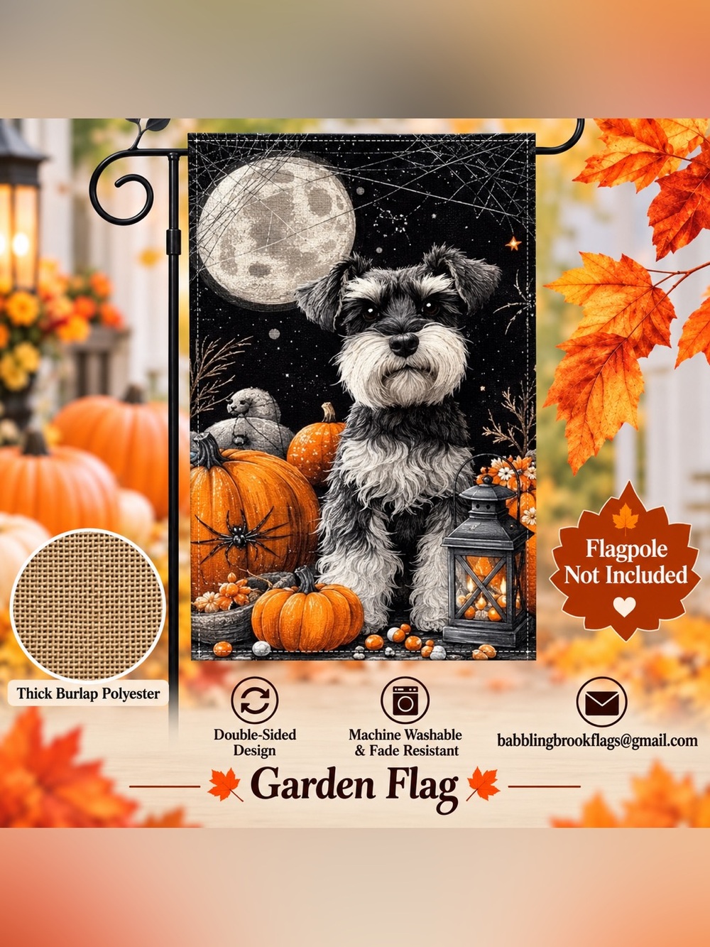 Garden Flag, Autumn Schnauzer, burlap, polyester, double-sided, 12” x 18”